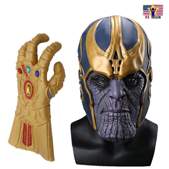 Thanos +Glove Gauntle End Game Costume Latex Head Mask Halloween Cosplay - Picture 1 of 7